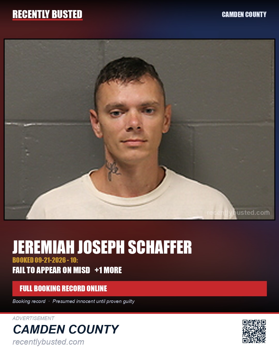 Schaffer, Jeremiah Joseph — arrest record card, Camden County