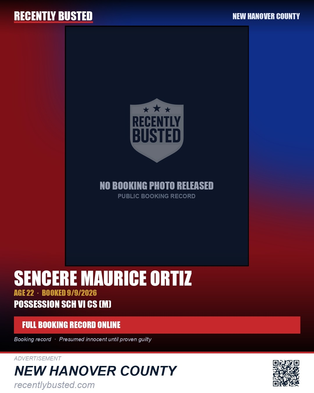 SENCERE MAURICE ORTIZ — arrest record card, New Hanover County