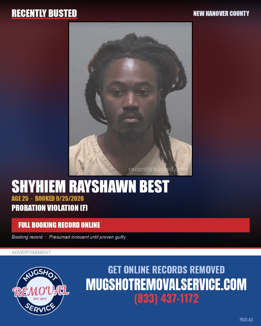 SHYHIEM RAYSHAWN BEST — arrest record card, New Hanover County
