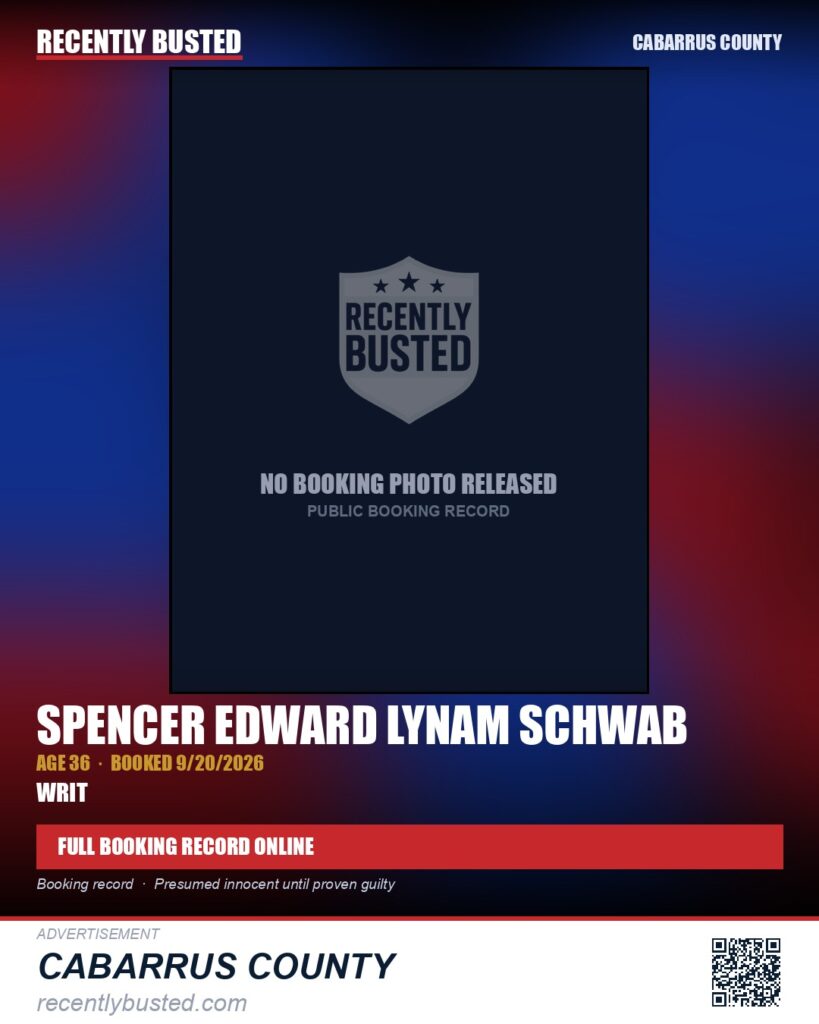 SPENCER EDWARD LYNAM SCHWAB — arrest record card, Cabarrus County