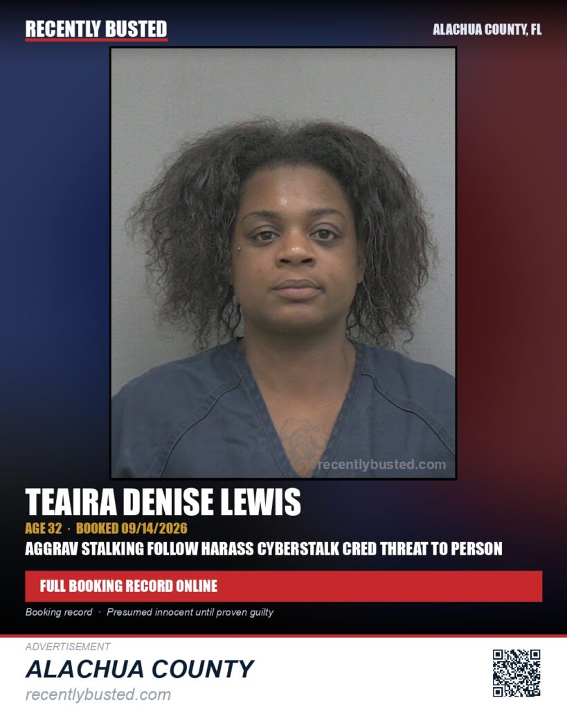 Teaira Denise Lewis — arrest record card, Alachua County, Florida