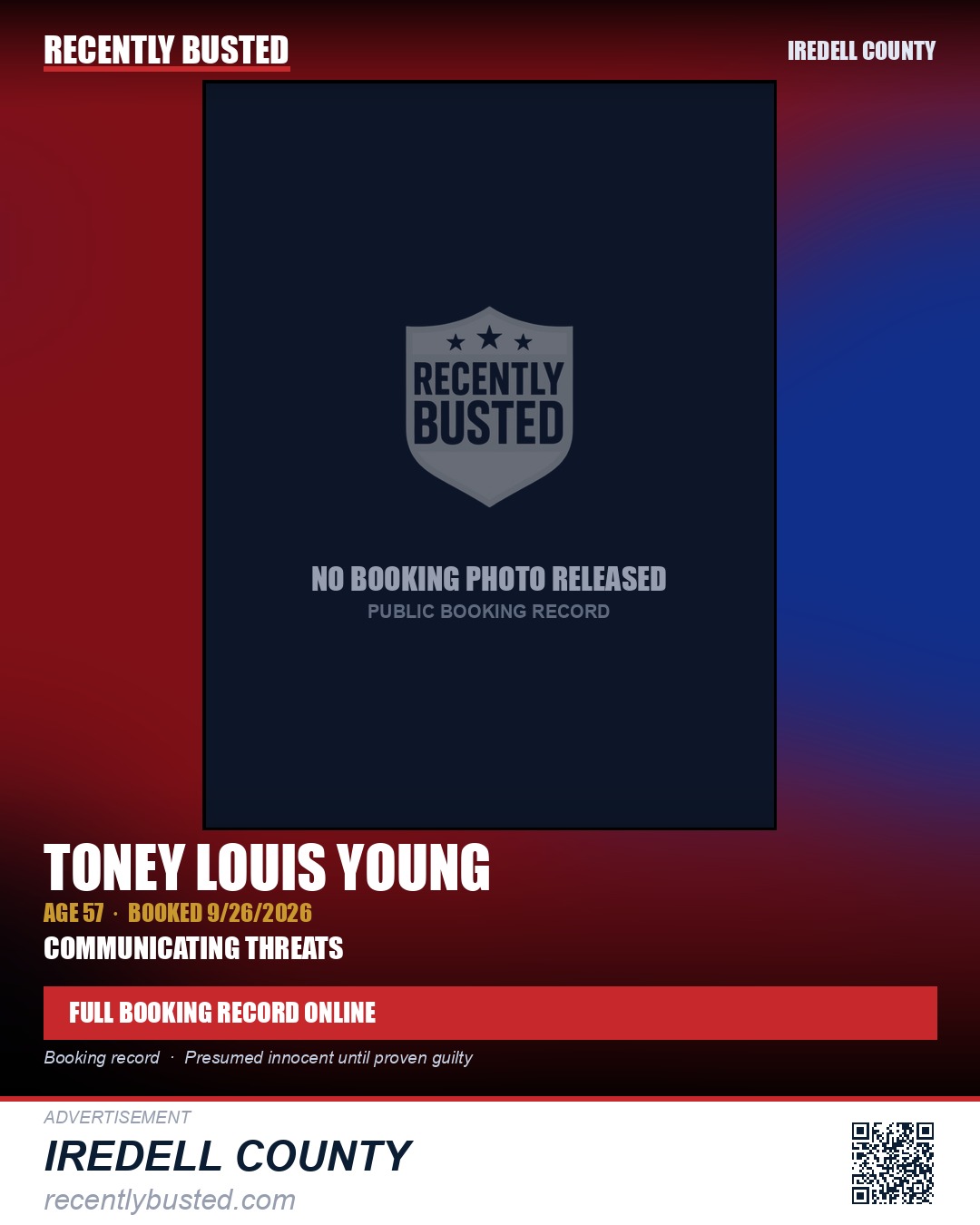 TONEY LOUIS YOUNG — arrest record card, Iredell County