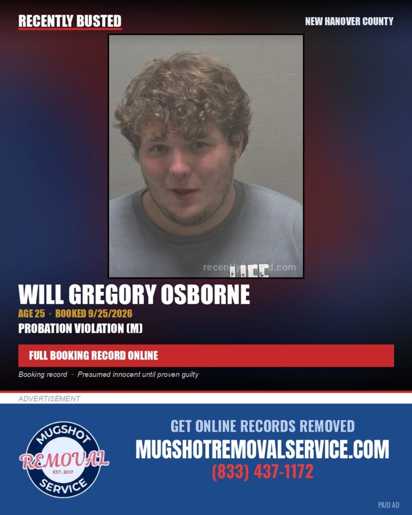 WILL GREGORY OSBORNE — arrest record card, New Hanover