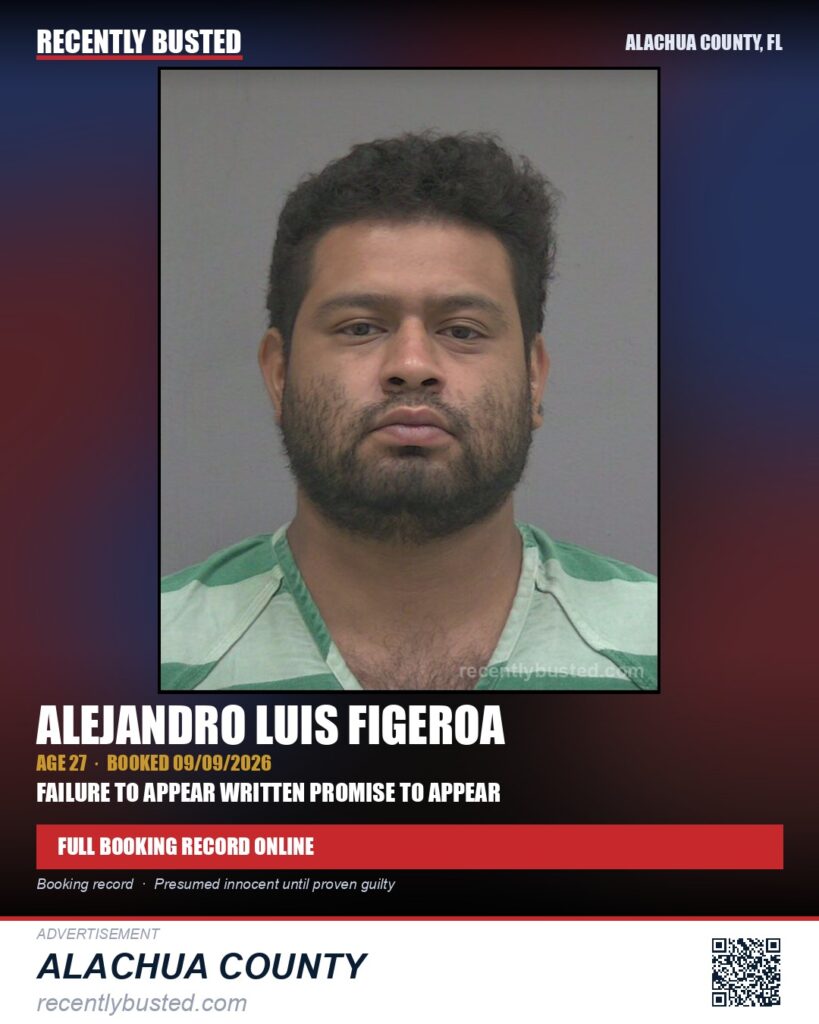 Alejandro Luis Figeroa — arrest record card, Alachua County, Florida