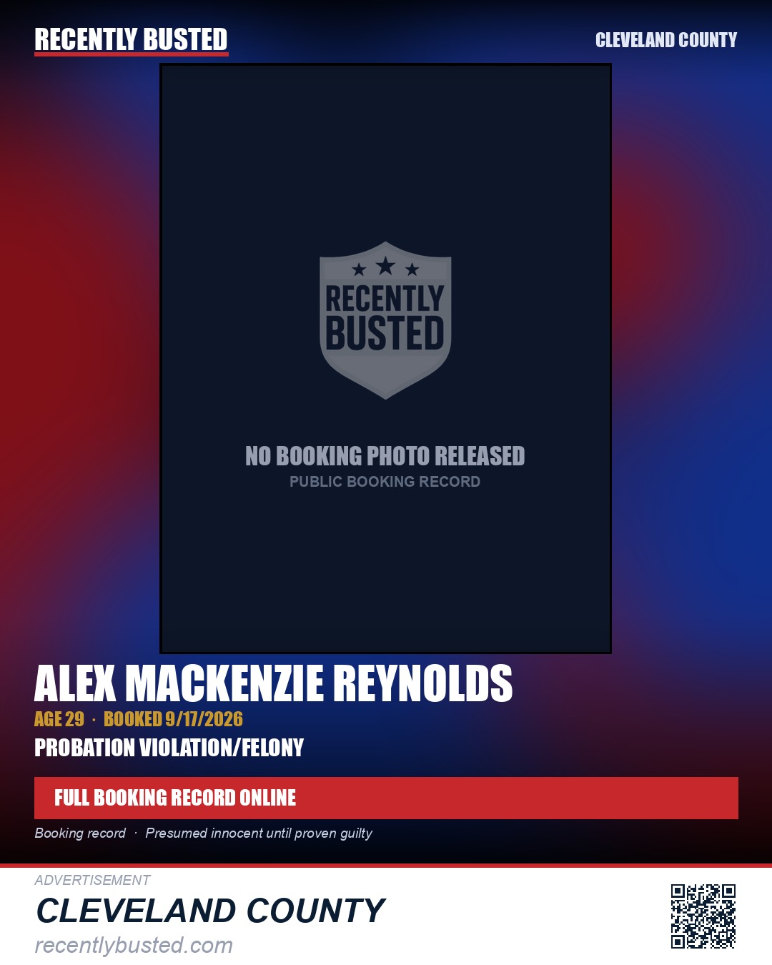 ALEX MACKENZIE REYNOLDS — arrest record card, Cleveland County