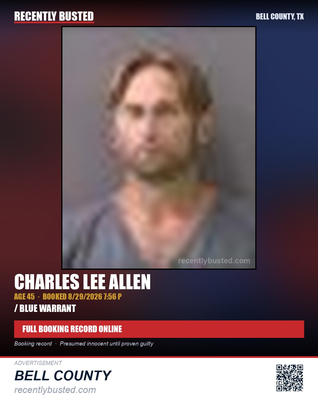 ALLEN, CHARLES LEE — arrest record card, Bell County, Texas