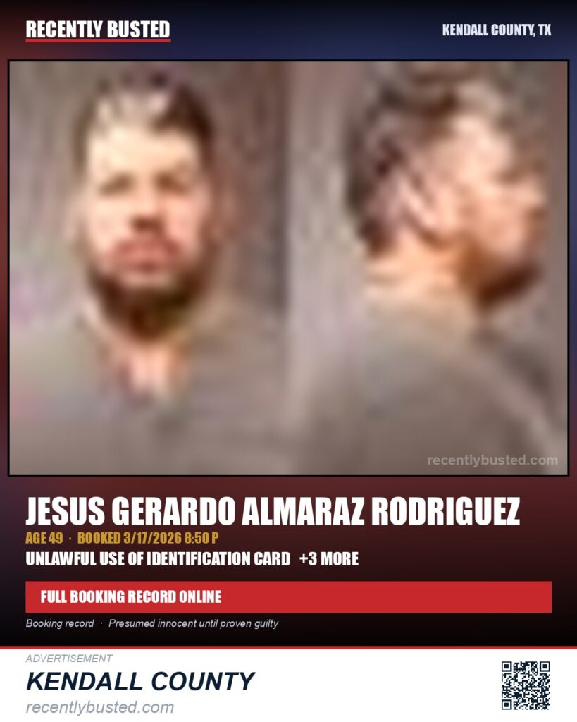 ALMARAZ RODRIGUEZ, JESUS GERARDO — arrest record card, Kendall County, Illinois