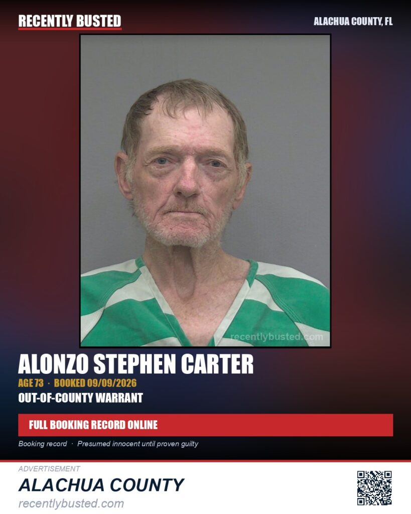 Alonzo Stephen Carter — arrest record card, Alachua County, Florida