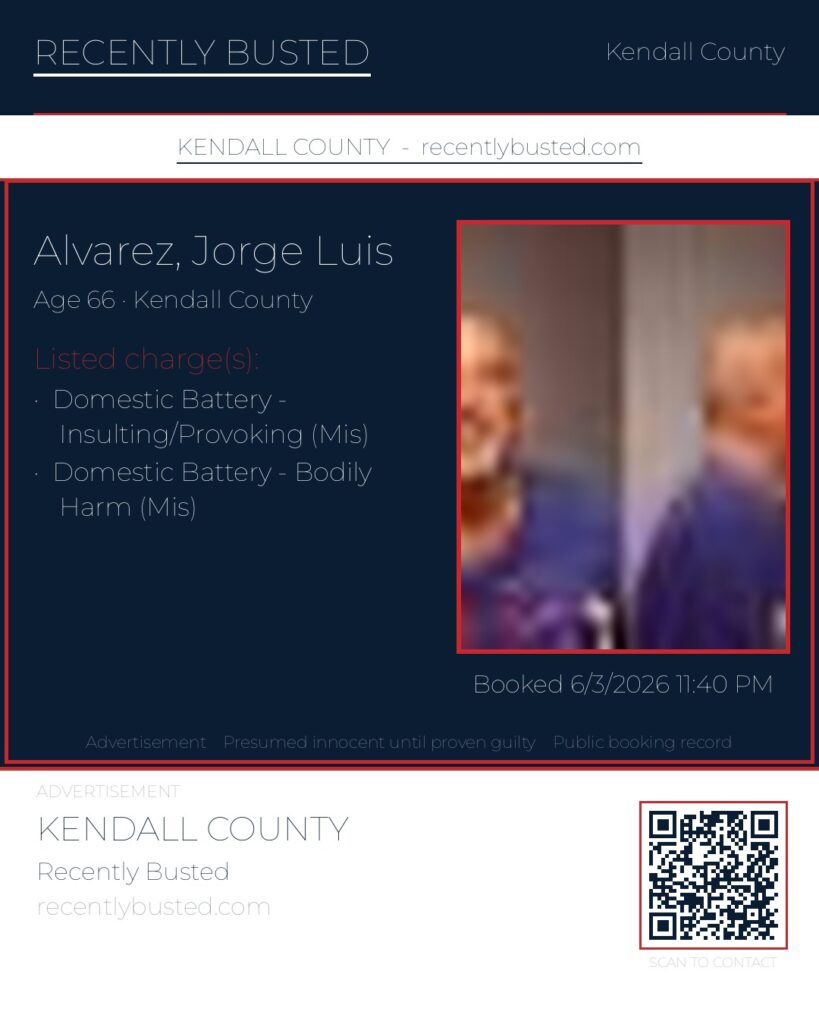 ALVAREZ, JORGE LUIS — arrest record card, Kendall County, Illinois