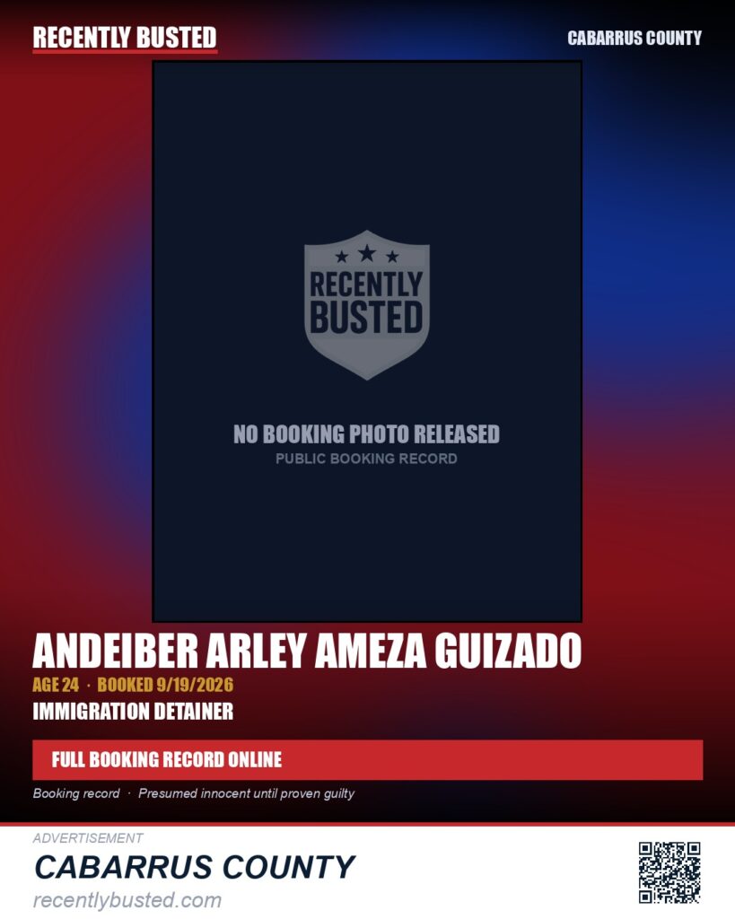 ANDEIBER ARLEY AMEZA GUIZADO — arrest record card, Cabarrus County