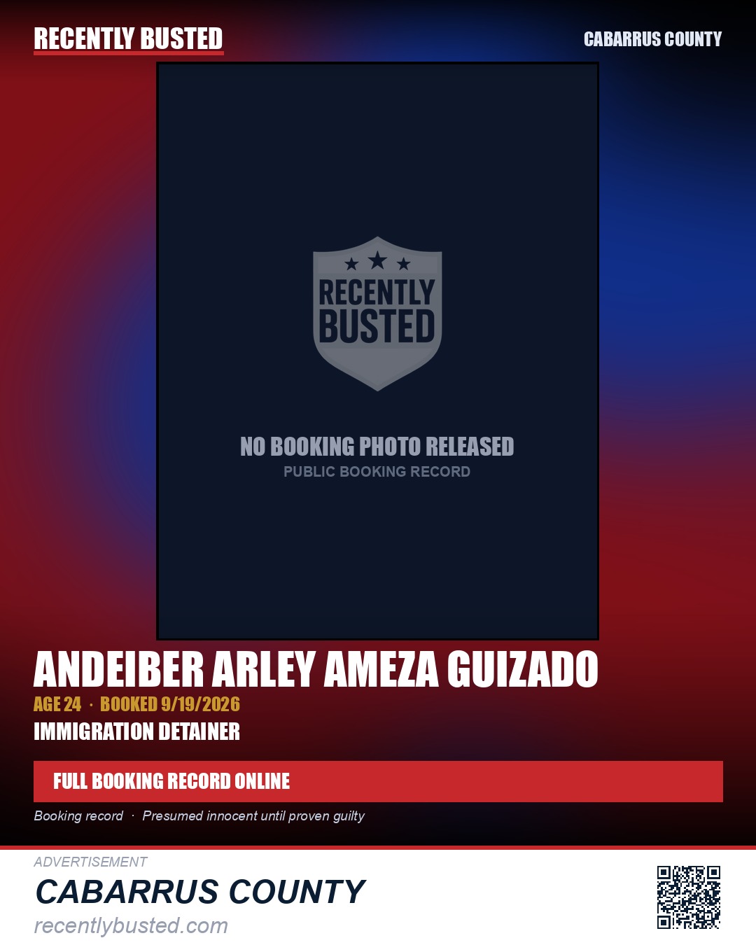 ANDEIBER ARLEY AMEZA GUIZADO — arrest record card, Cabarrus County
