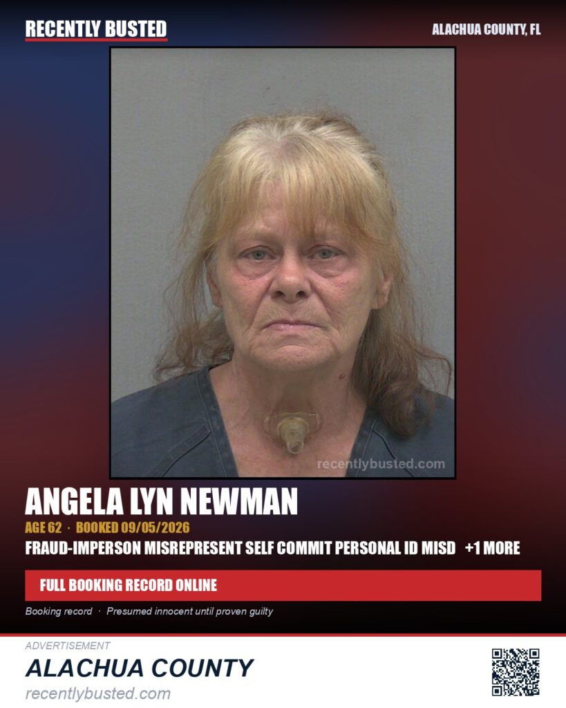 Angela Lyn Newman — arrest record card, Alachua County, Florida