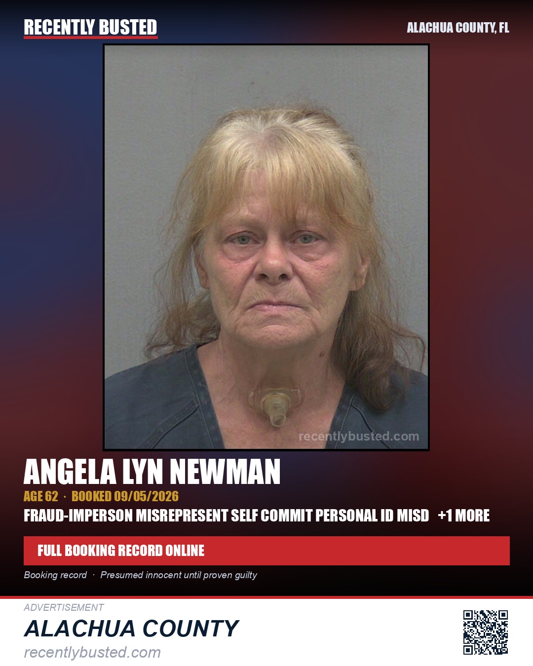 Angela Lyn Newman — arrest record card, Alachua County, Florida