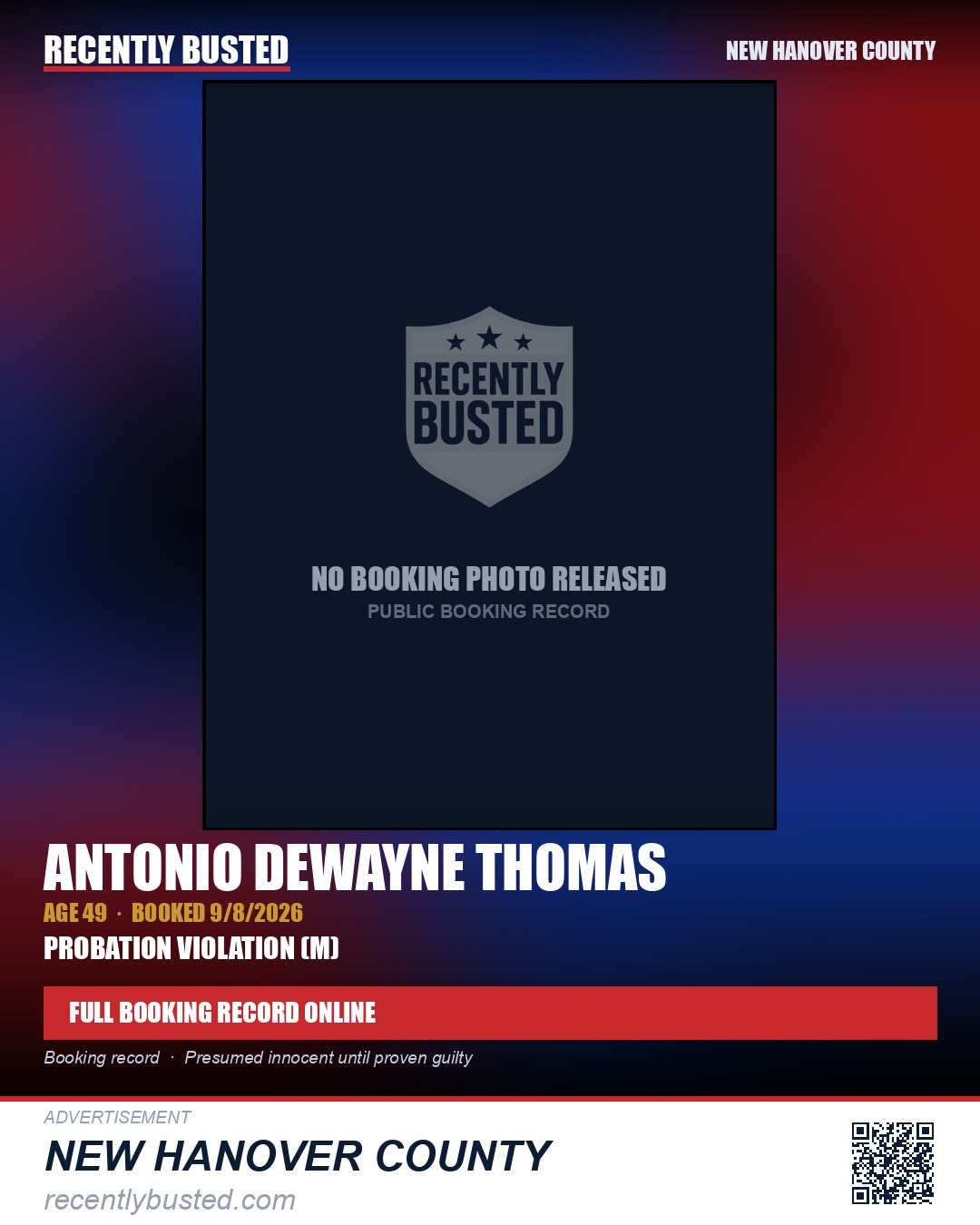 ANTONIO DEWAYNE THOMAS — arrest record card, New Hanover County