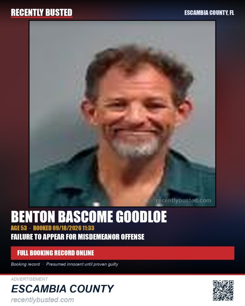 Benton Bascome Goodloe — arrest record card, Escambia County, Florida