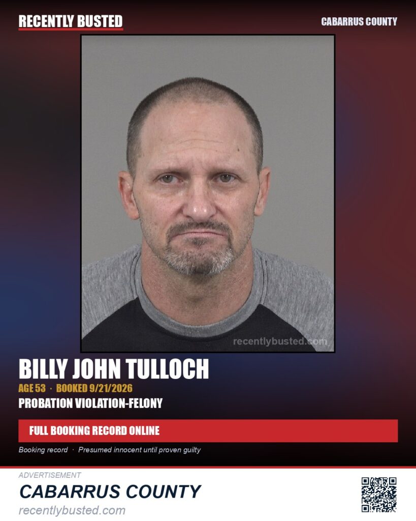 BILLY JOHN TULLOCH — arrest record card, Cabarrus