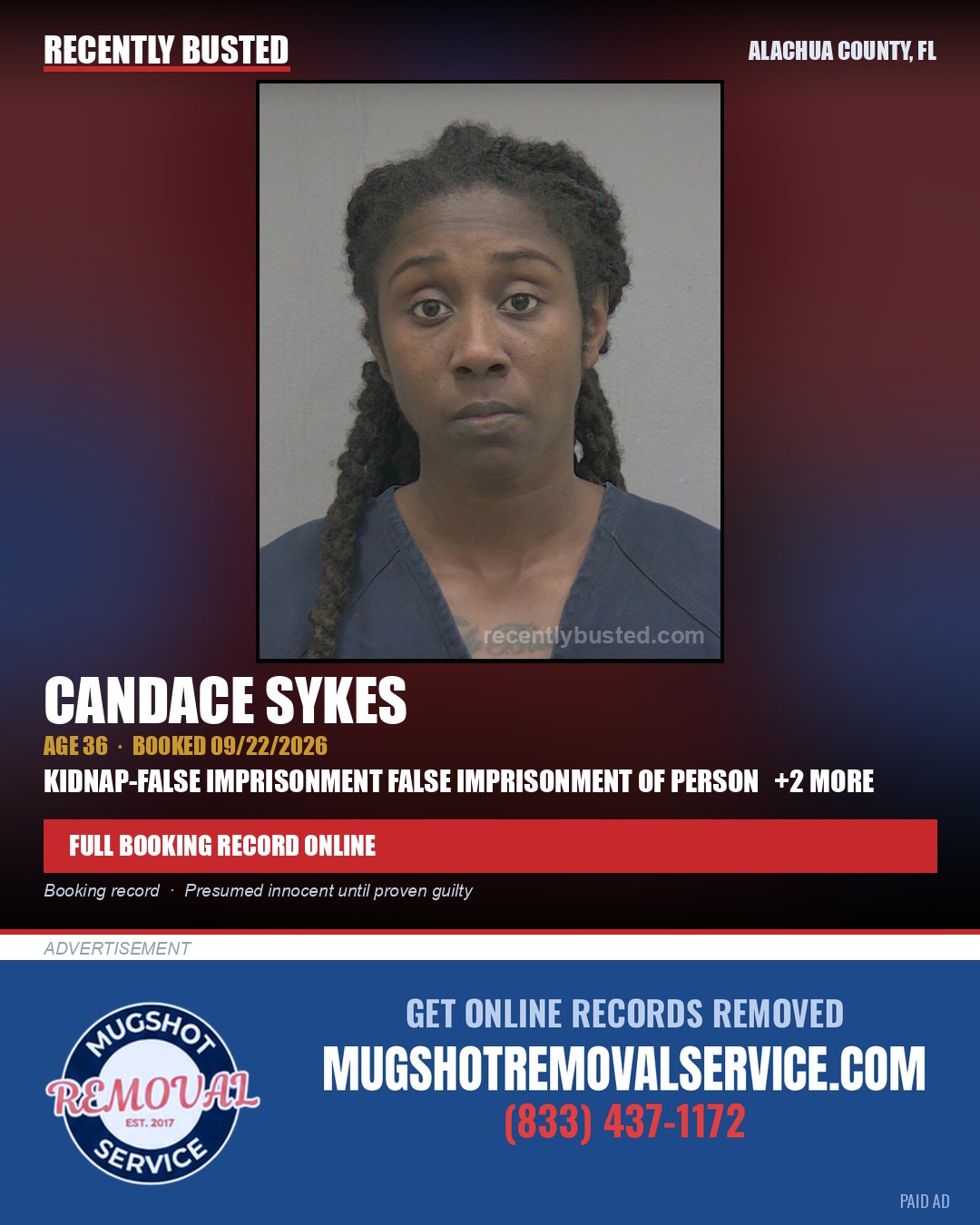 Candace Sykes — arrest record card, Alachua County, Florida