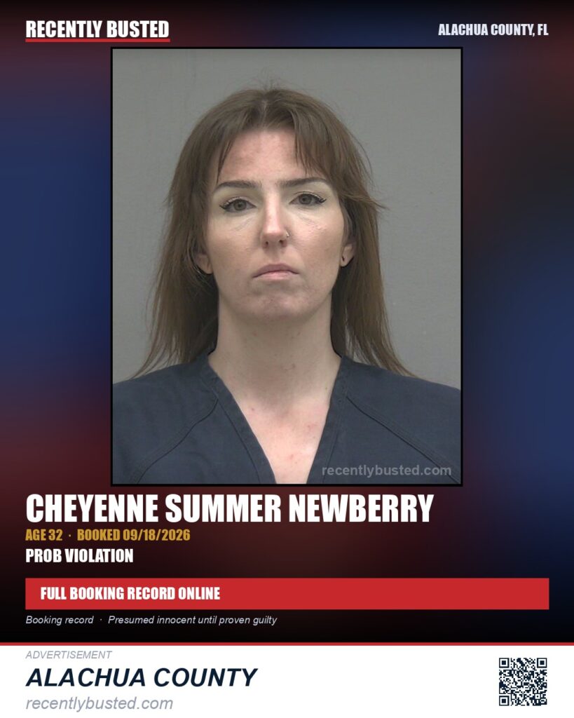 Cheyenne Summer Newberry — arrest record card, Alachua County, Florida