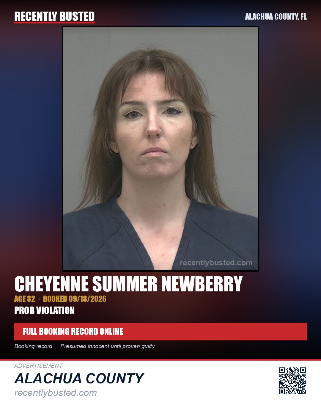 Cheyenne Summer Newberry — arrest record card, Alachua County, Florida