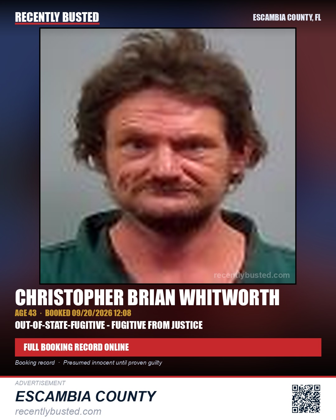 Christopher Brian Whitworth — arrest record card, Escambia County, Florida