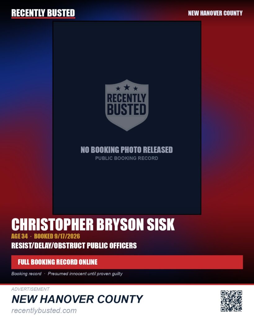 CHRISTOPHER BRYSON SISK — arrest record card, New Hanover