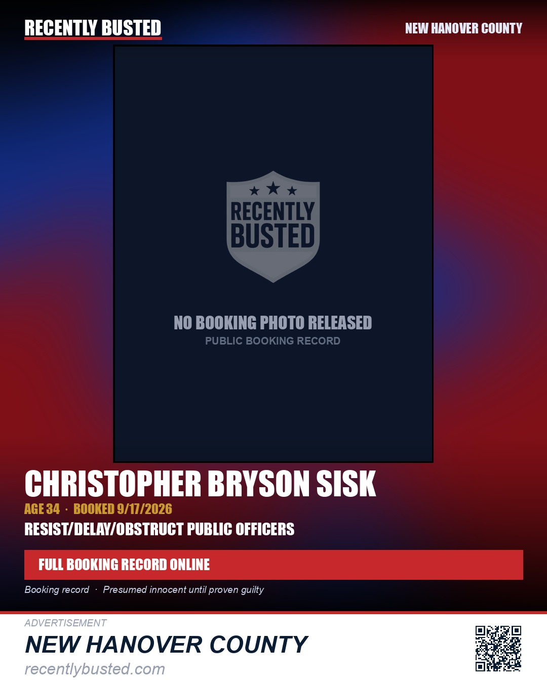 CHRISTOPHER BRYSON SISK — arrest record card, New Hanover County