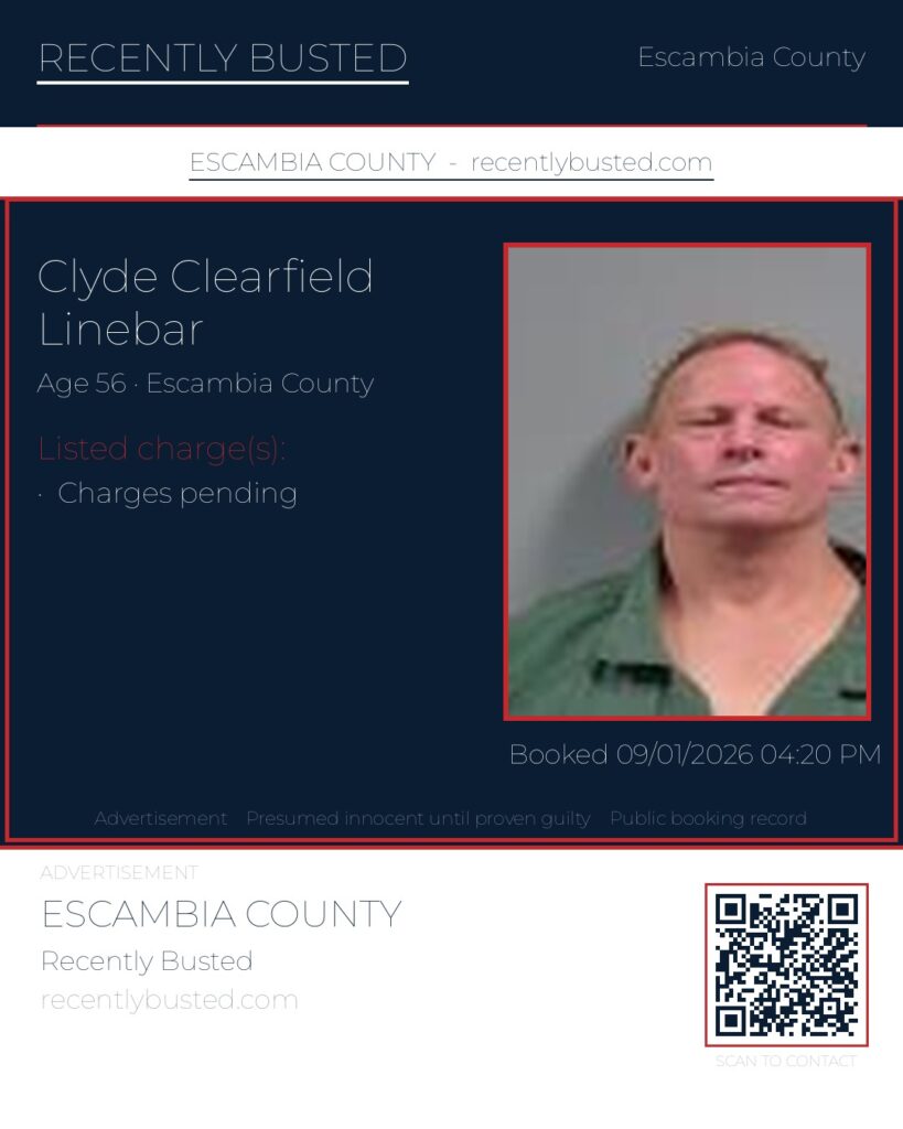 Clyde Clearfield Linebar — arrest record card, Escambia County, Florida
