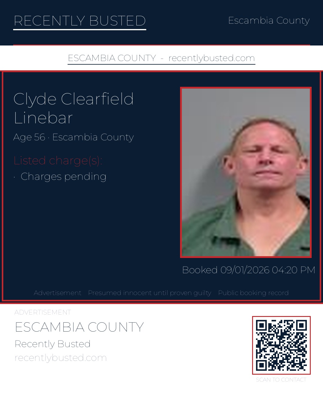 Clyde Clearfield Linebar — arrest record card, Escambia County, Florida