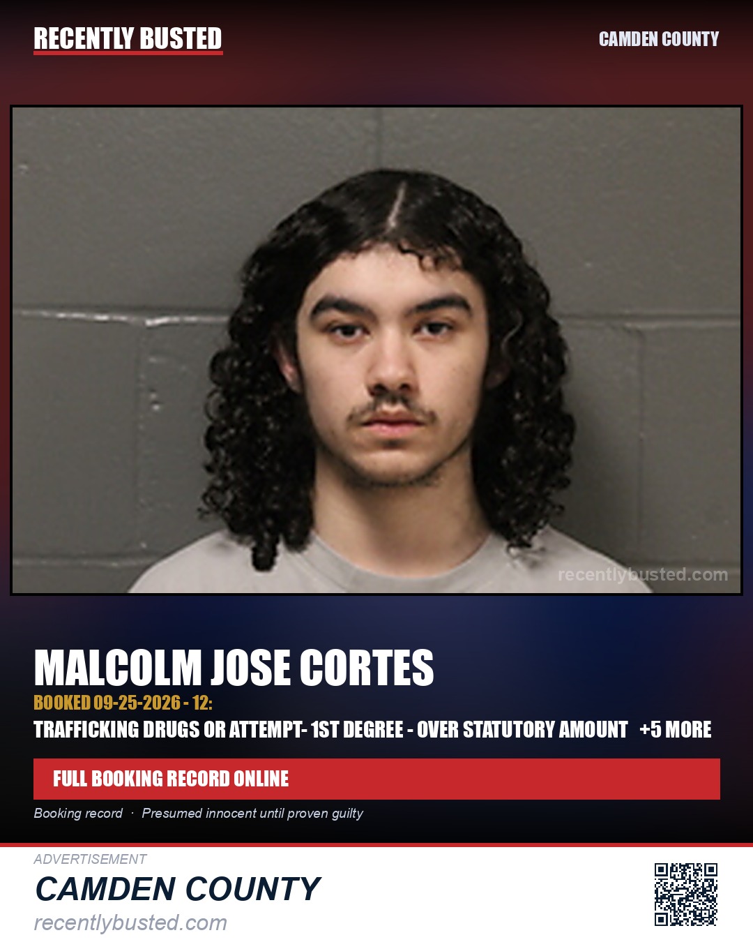 Cortes, Malcolm Jose — arrest record card, Camden County