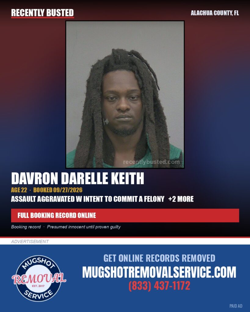 Davron Darelle Keith — arrest record card, Alachua County, Florida