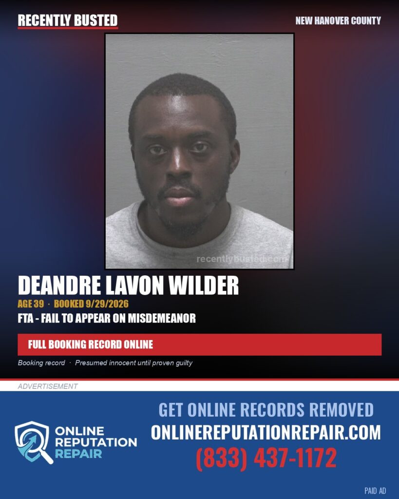 DEANDRE LAVON WILDER — arrest record card, New Hanover