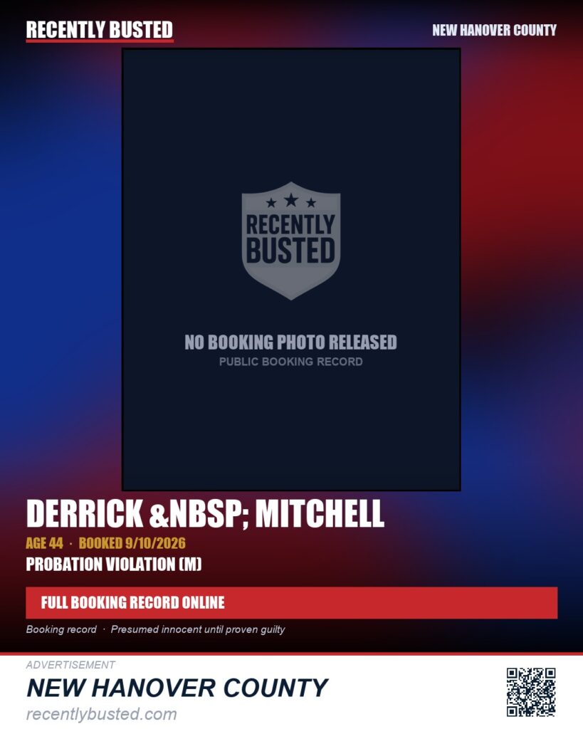DERRICK MITCHELL — arrest record card, New Hanover County