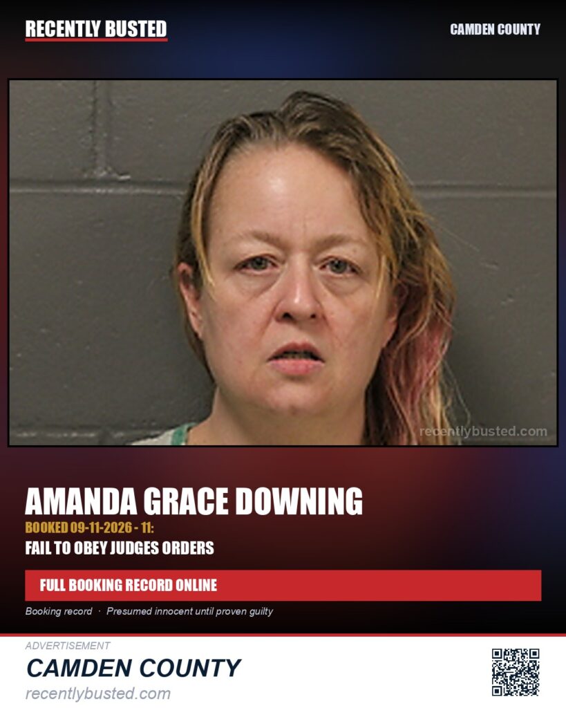 Downing, Amanda Grace — arrest record card, Camden County