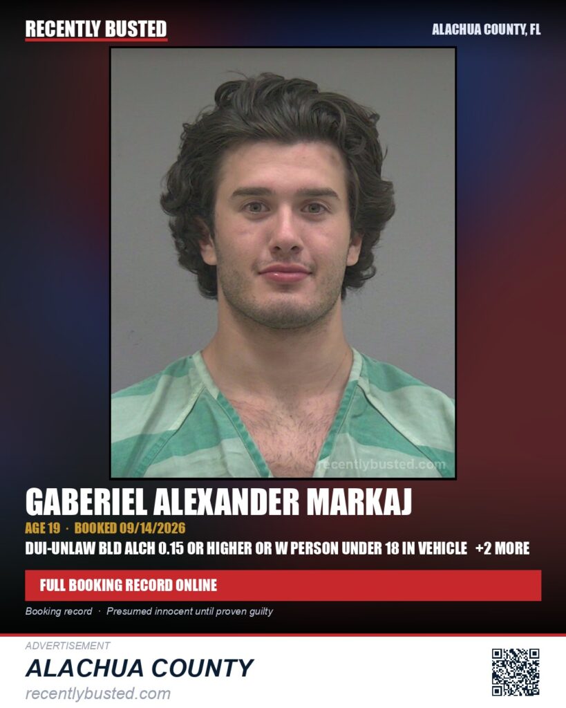 Gaberiel Alexander Markaj — arrest record card, Alachua County, Florida