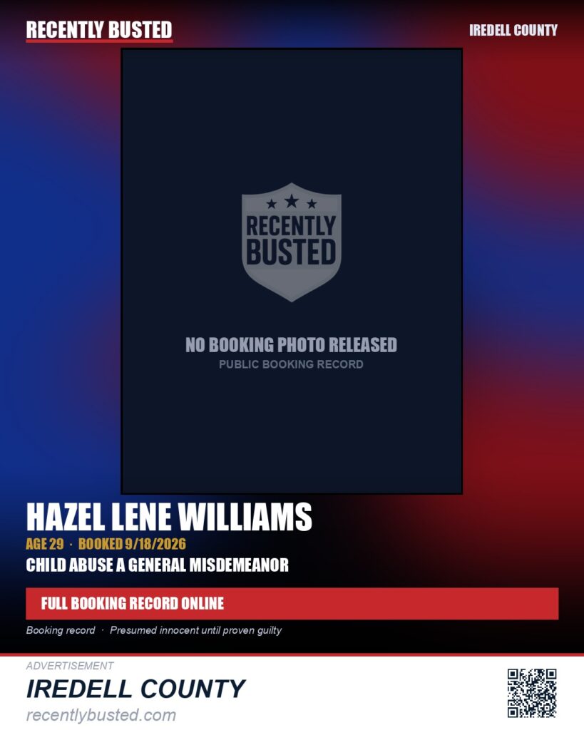 HAZEL LENE WILLIAMS — arrest record card, Iredell County