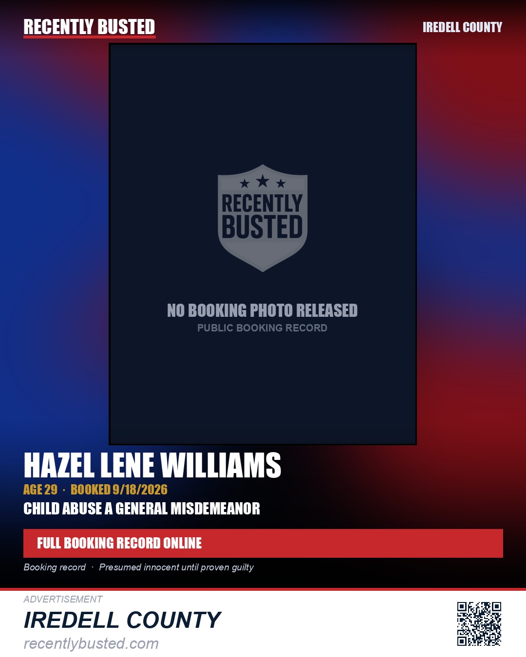 HAZEL LENE WILLIAMS — arrest record card, Iredell County