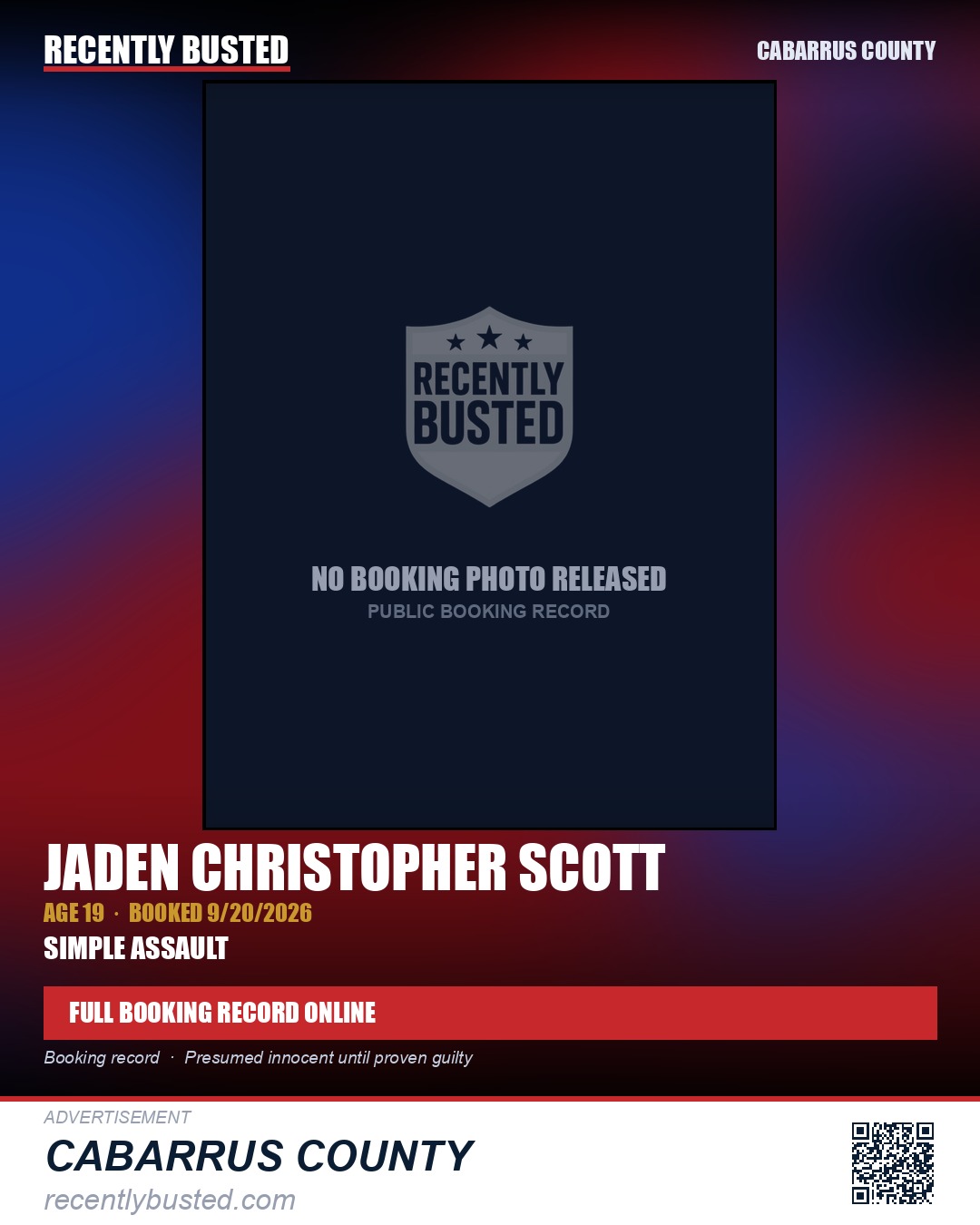 JADEN CHRISTOPHER SCOTT — arrest record card, Cabarrus County