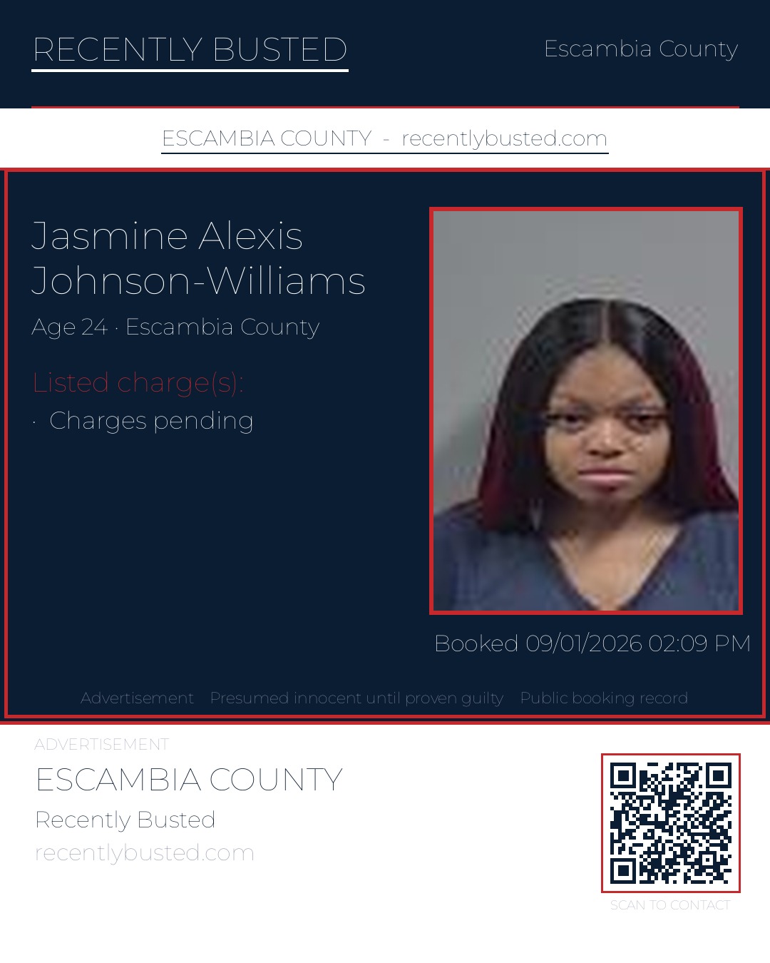 Jasmine Alexis Johnson-Williams — arrest record card, Escambia County, Florida