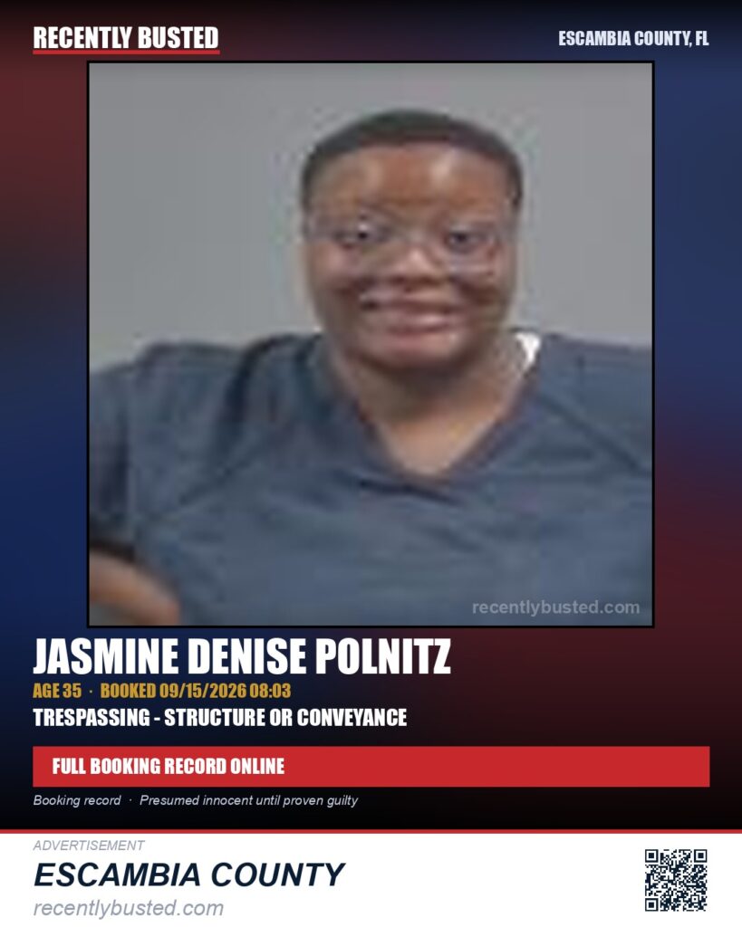 Jasmine Denise Polnitz — arrest record card, Escambia County, Florida