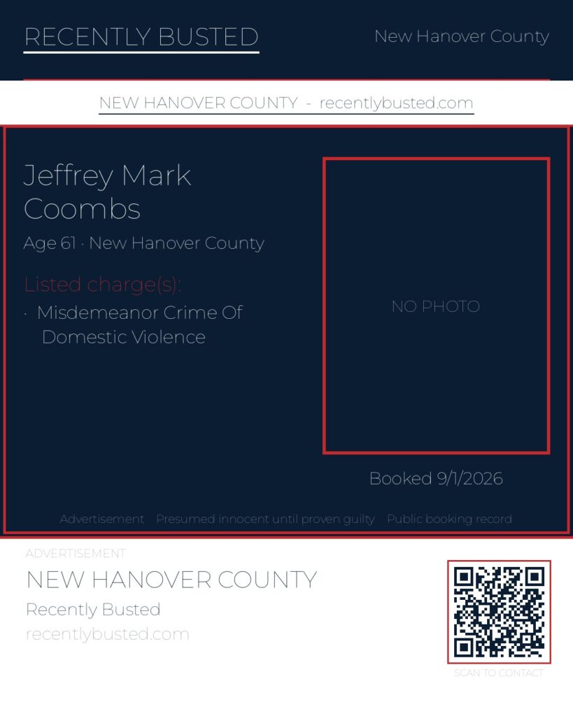 JEFFREY MARK COOMBS — arrest record card, New Hanover County