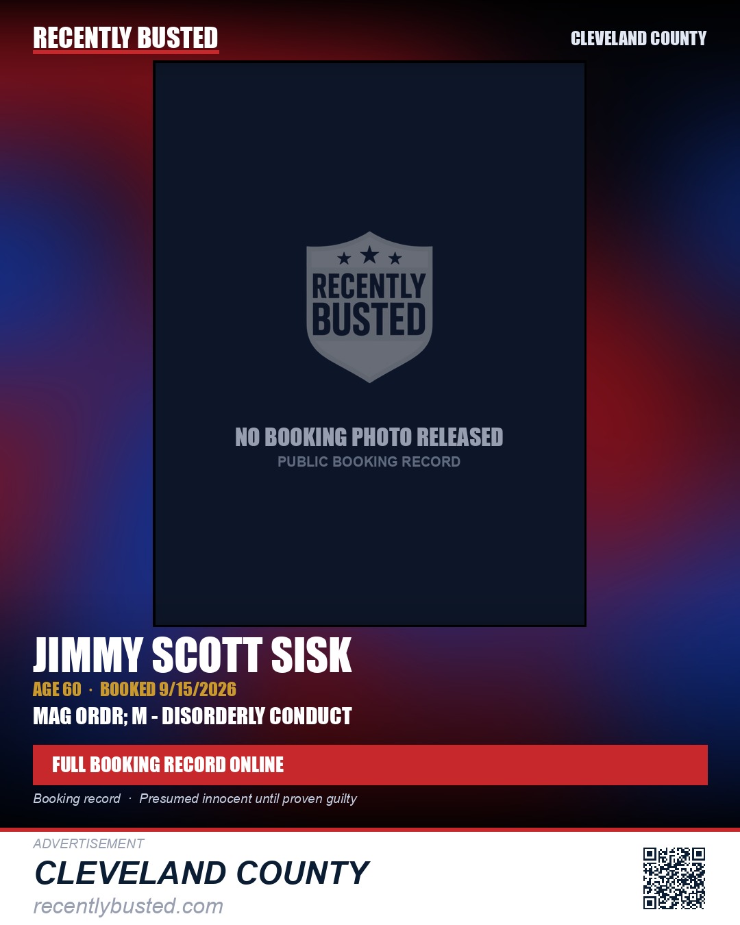 JIMMY SCOTT SISK — arrest record card, Cleveland County