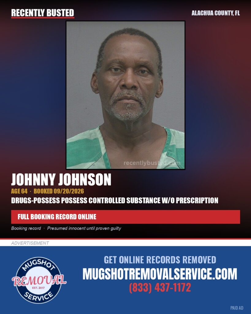 Johnny Johnson — arrest record card, Alachua County, Florida