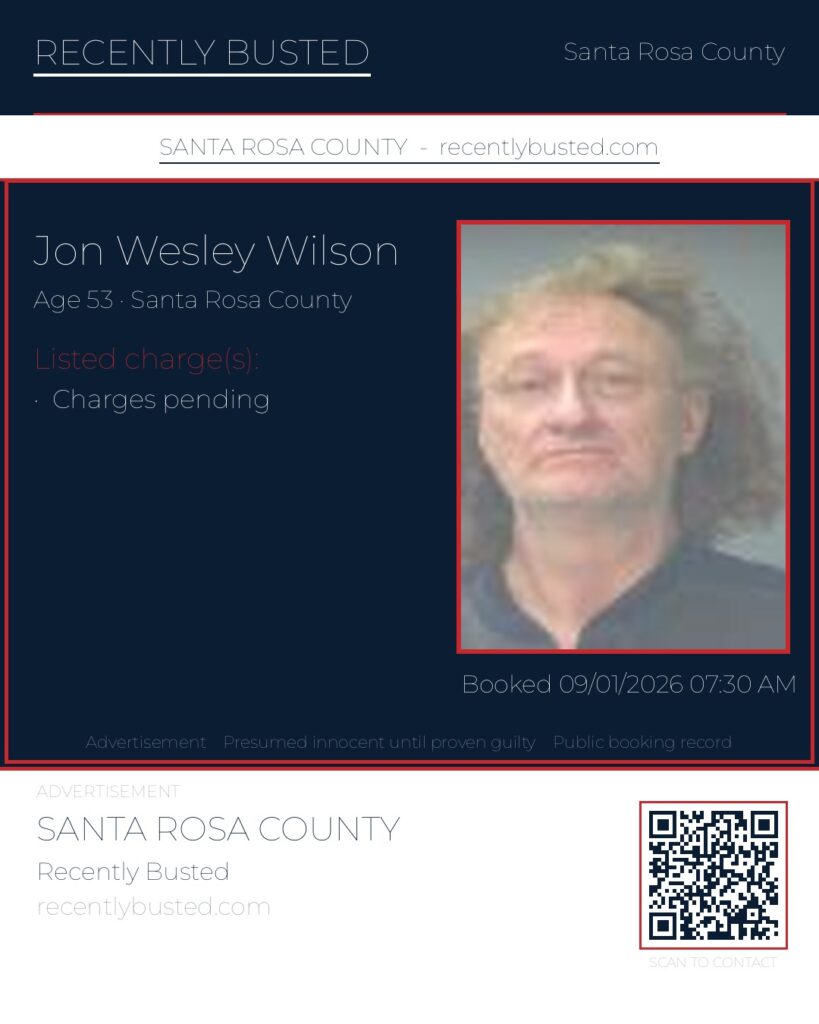 Jon Wesley Wilson — arrest record card, Santa Rosa County, Florida