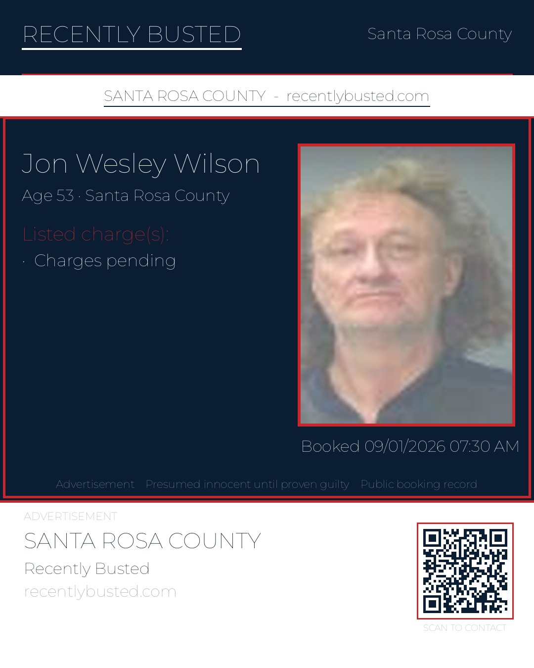 Jon Wesley Wilson — arrest record card, Santa Rosa County, Florida