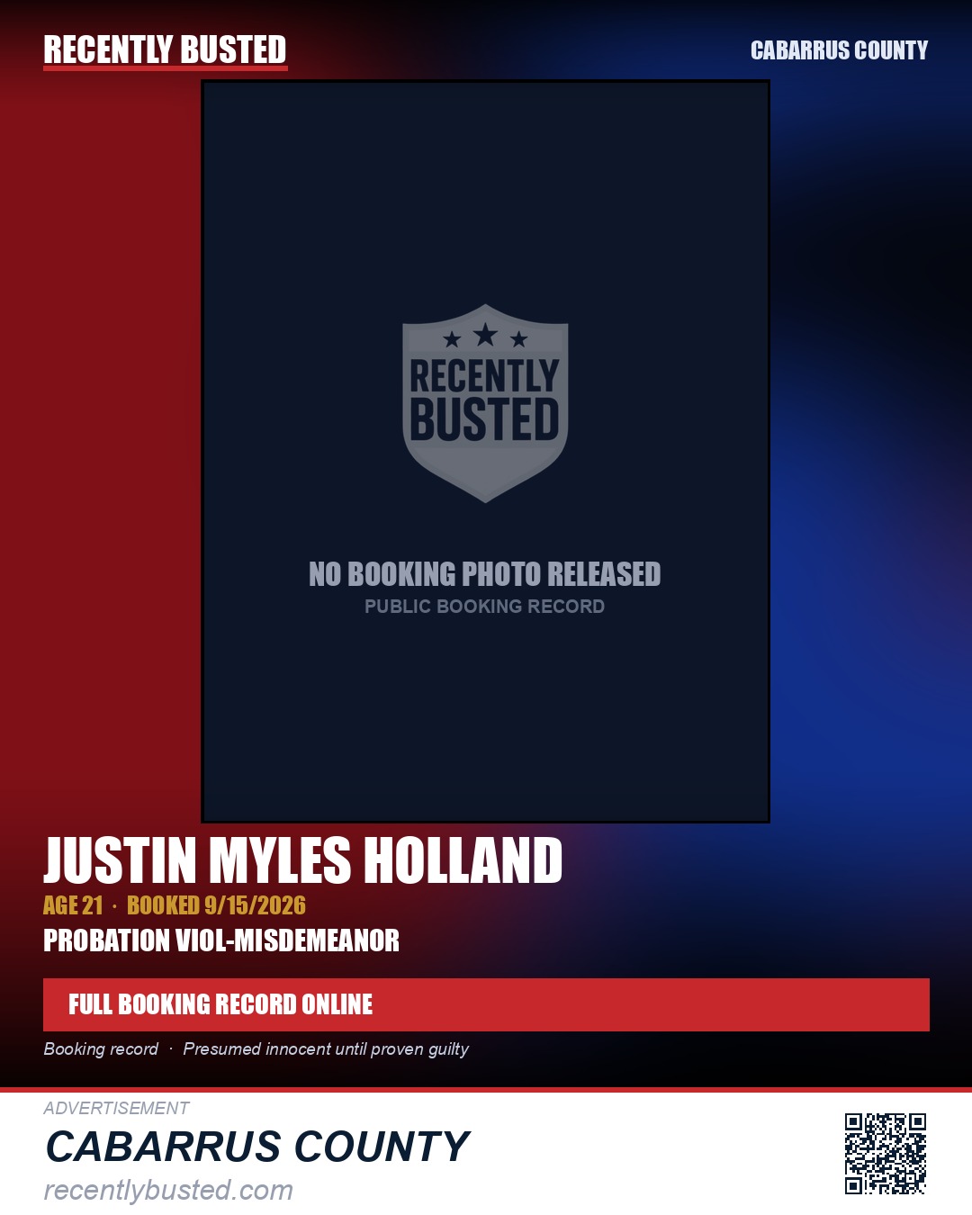 JUSTIN MYLES HOLLAND — arrest record card, Cabarrus County