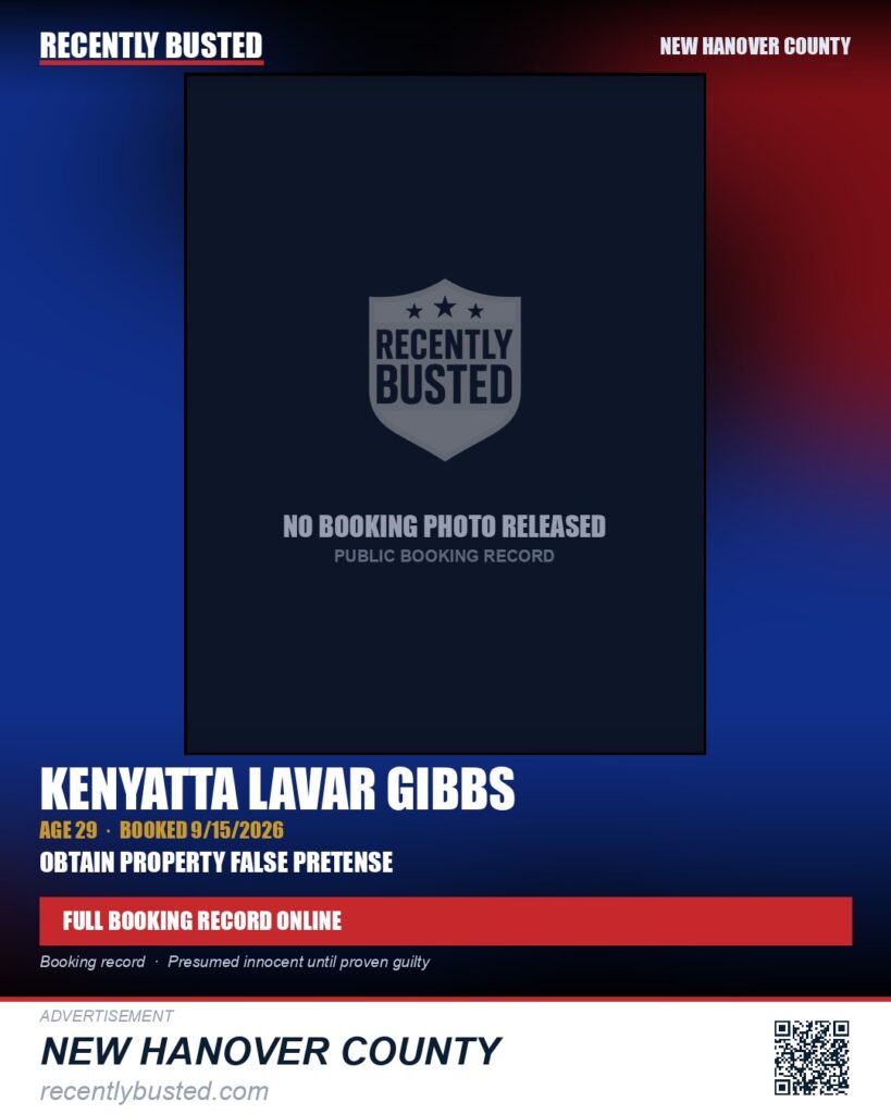 KENYATTA LAVAR GIBBS — arrest record card, New Hanover