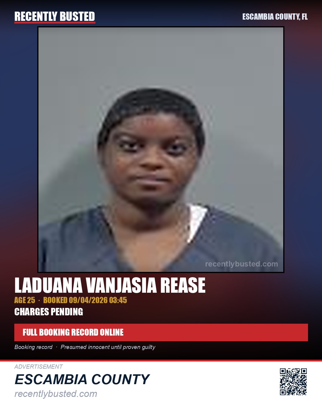 Laduana Vanjasia Rease — arrest record card, Escambia County, Florida