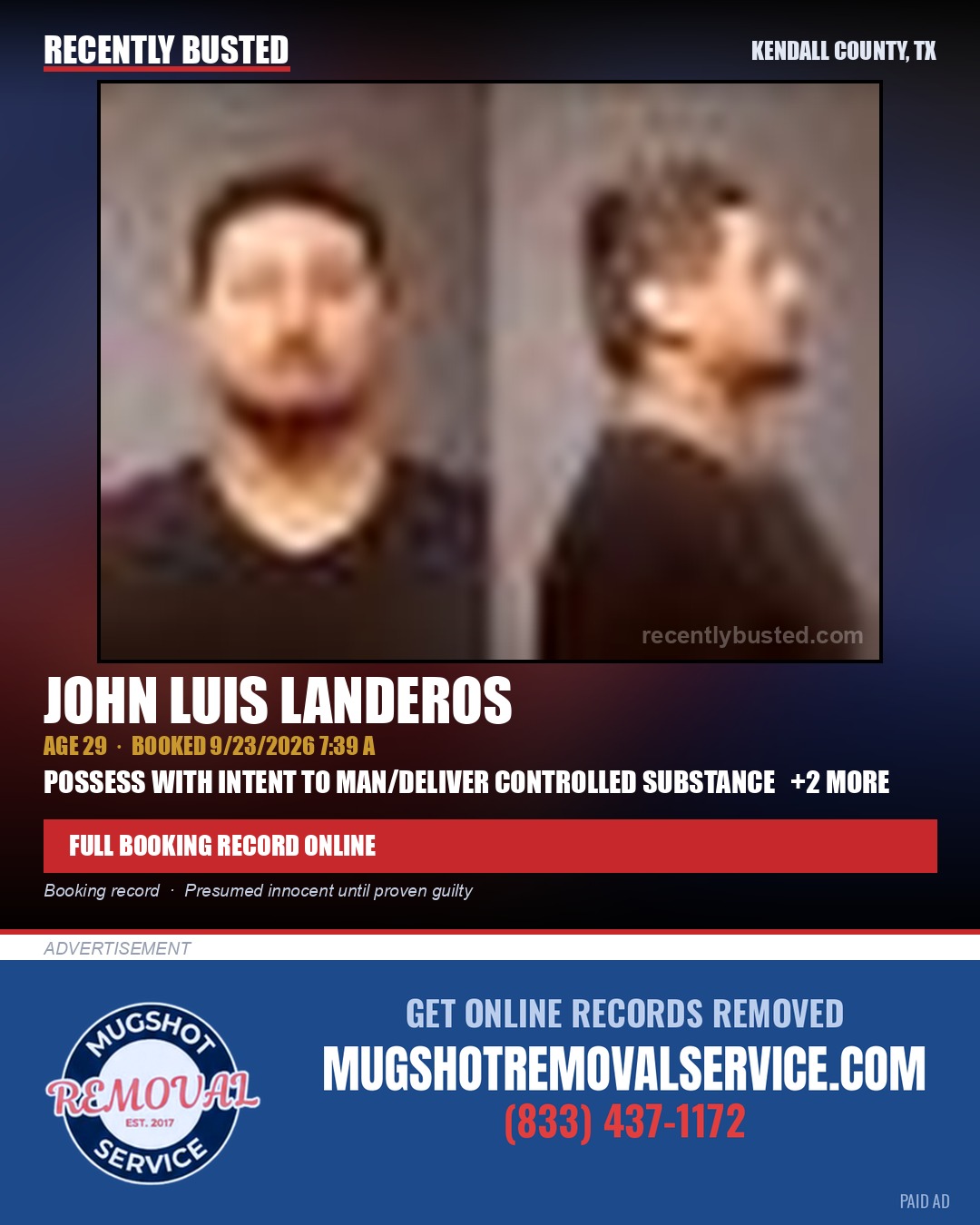 LANDEROS, JOHN LUIS — arrest record card, Kendall County, Illinois