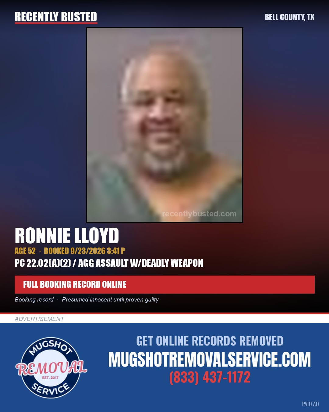 LLOYD, RONNIE — arrest record card, Bell County, Texas