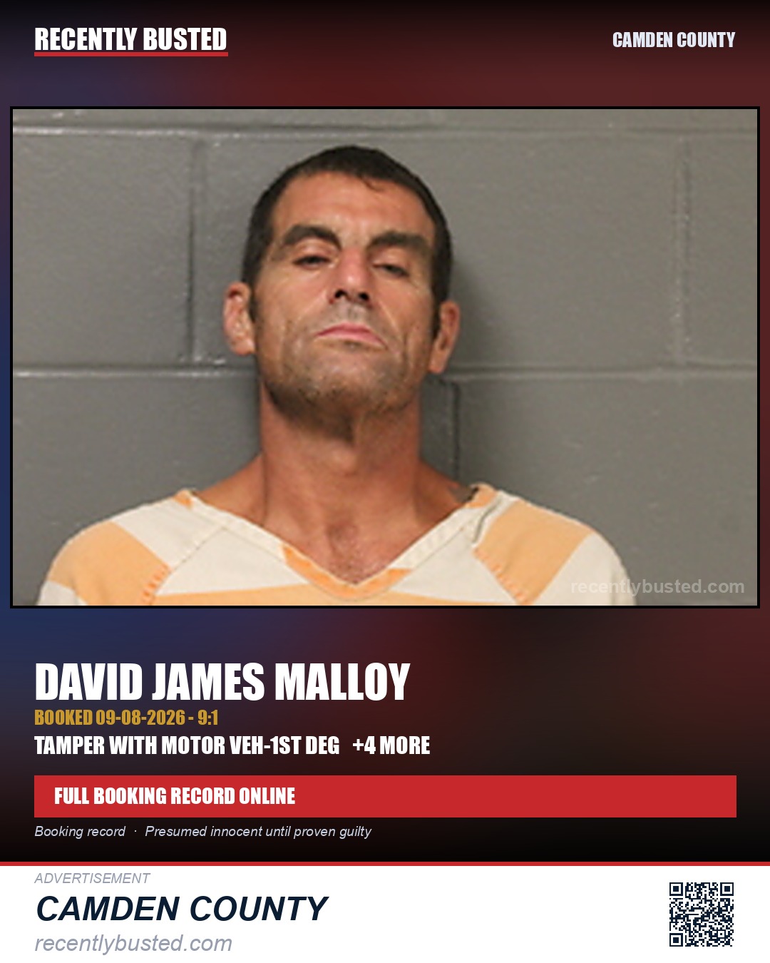 Malloy, David James — arrest record card, Camden County